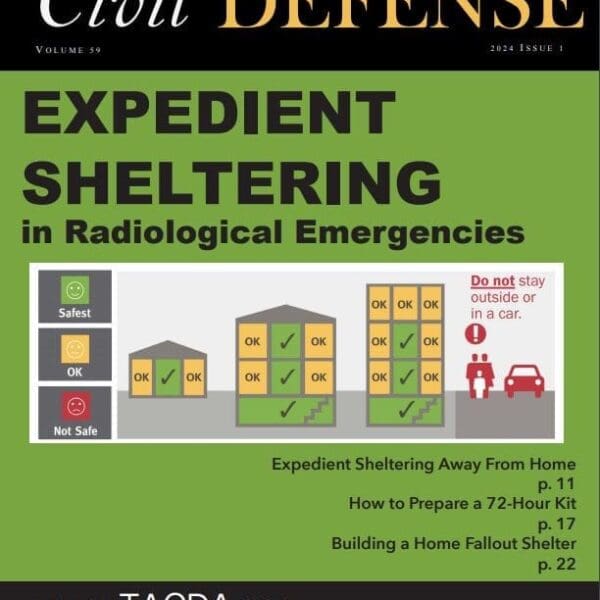 A cover of civil defense magazine with a picture of buildings.