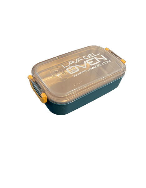 A plastic container with lid and handle.